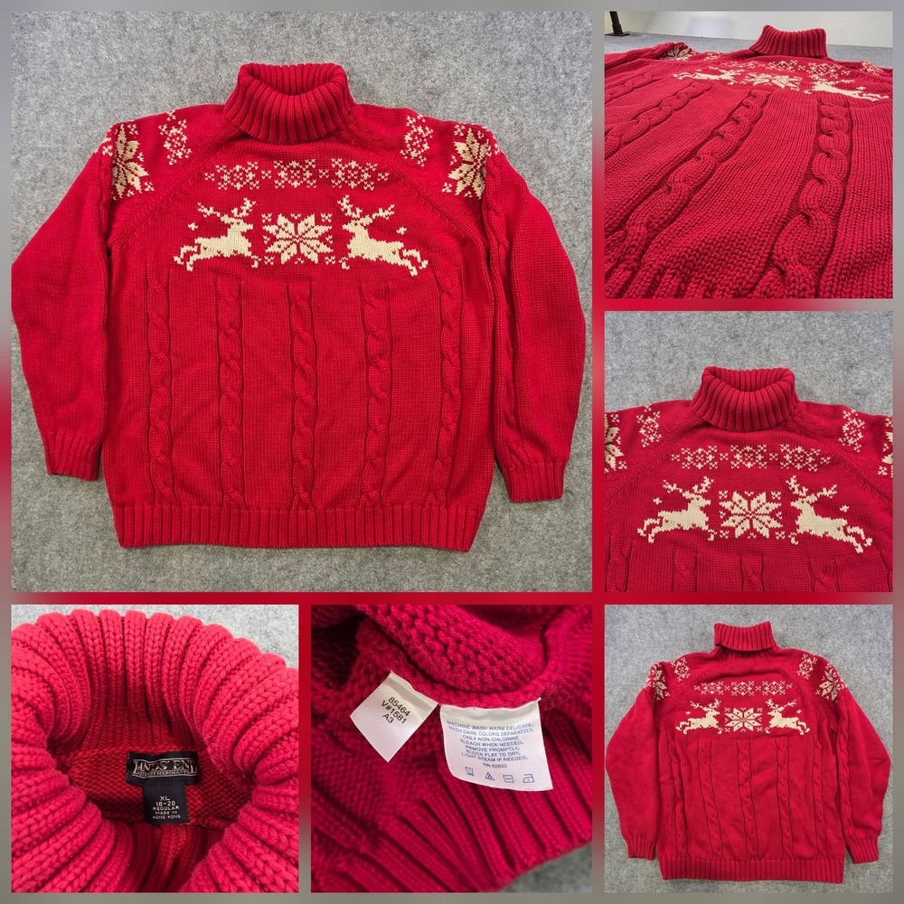 Lands' End Sweater Womens XL Red Fair Isle Reindeer Turtleneck Holiday Knit Deer